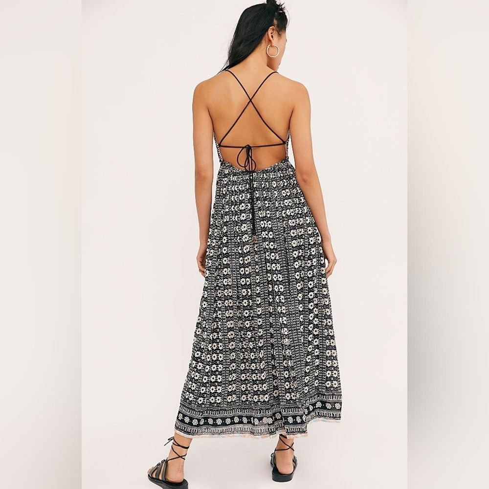 Free People Good Vibes Embroidered Cotton Long Maxi DRESS One Size - Picture 13 of 14
